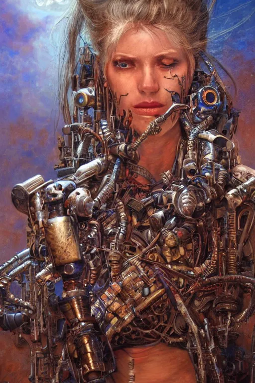 Image similar to a centered photo of a post apocalyptic tribal cyborg playing synthesizers in the most complicated fractal and technical musical studio, powerful, cinematic, beautifully lit, by donato giancola, by artgerm, by karol bak, 3 d, perfect face and body, trending on artstation, octane render, 8 k