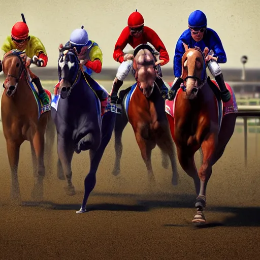 Image similar to kentucky derby horse race with a close finish at the finish line + dramatic, motion, racing, photorealistic horses, photorealistic jockeys, photorealistic : : 1 + style of john collier and leroy neiman + octane render, trending on artstation, artgerm, behance