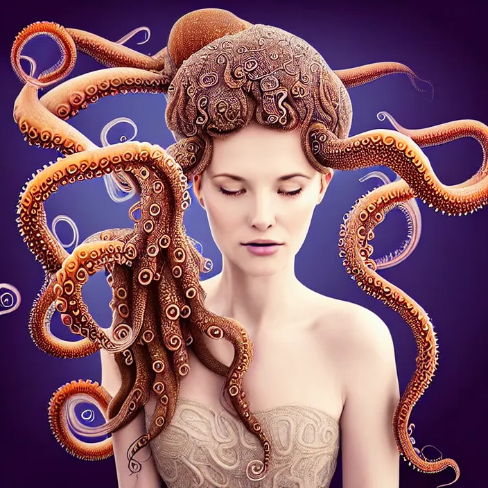 Image similar to photo portrait of a beautiful woman like a queen- octopus-dressed in long elegant intricate ornamental ethereal dress, natural skin tone, intricate mandelbrot fractal highly detailed tentacles ornament in the upper side of breast, bust with a very long neck , hair are wired tentacles, elegant, highly detailed intricate jellyfishes ornament in her long hair, Realistic, Refined, Highly Detailed, natural soft lighting colors scheme, fine art photography by Tim Walker, volumetric lighting, hyper realistic photography, 8 k