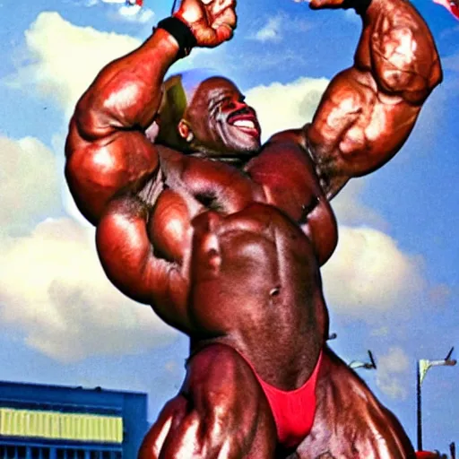 Image similar to a giant Ronnie Coleman destroying a city