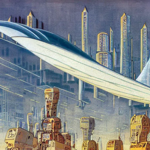 Prompt: airship flying over futuristic city, Italian futurist style