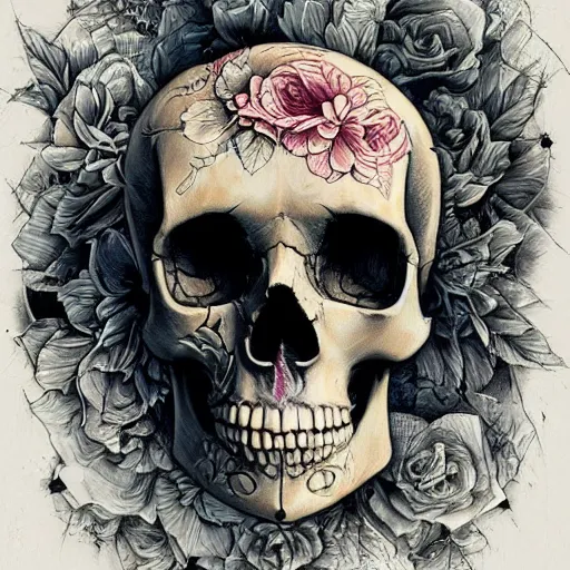 Prompt: a skull with floral accents by android jones