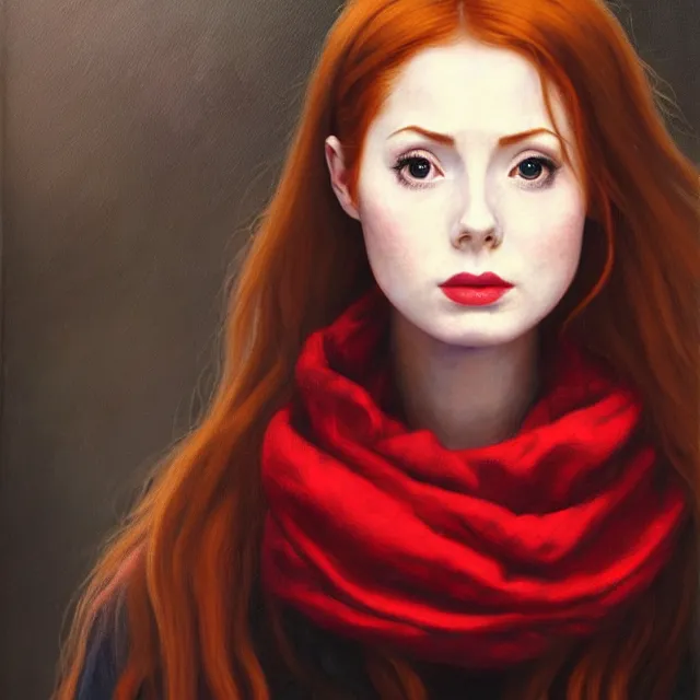 Prompt: Beautiful oil painting of Amy Pond by by Titian and Alexander Roslin and Chie Yoshii, portrait, red scarf, pale, black eyebrows, brown eyes, Doctor Who, symmetrical face, dramatic lighting, sharp focus, smooth, Karen Gillan, magical, forest