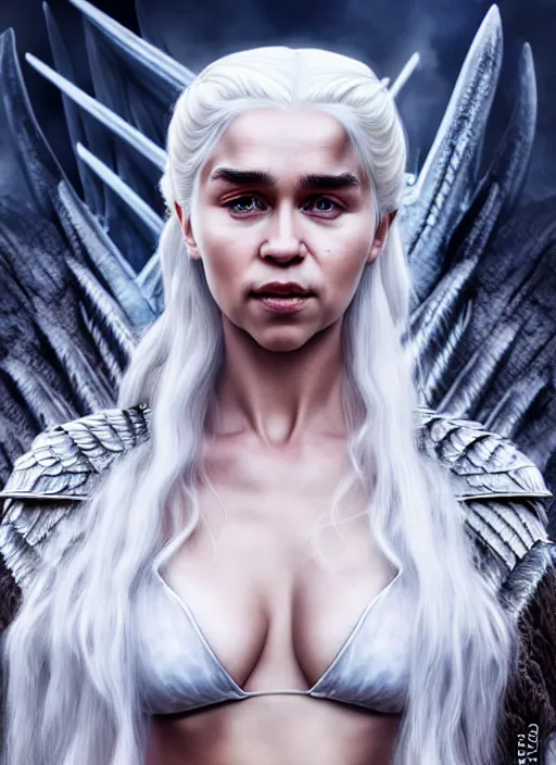 Image similar to photo of kerli koiv as daenerys targaryen in the style of stefan kostic, realistic, half body shot, sharp focus, 8 k high definition, insanely detailed, intricate, elegant, art by stanley lau and artgerm, foggy backgeound