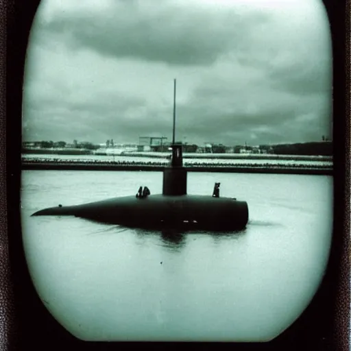 Prompt: a submarine cruising over a the eye of a massive sea creature, murky water, dark water, dark!!!, creepy, terrifying, megalophobia, huge!!!, scary, old polaroid, expired film,