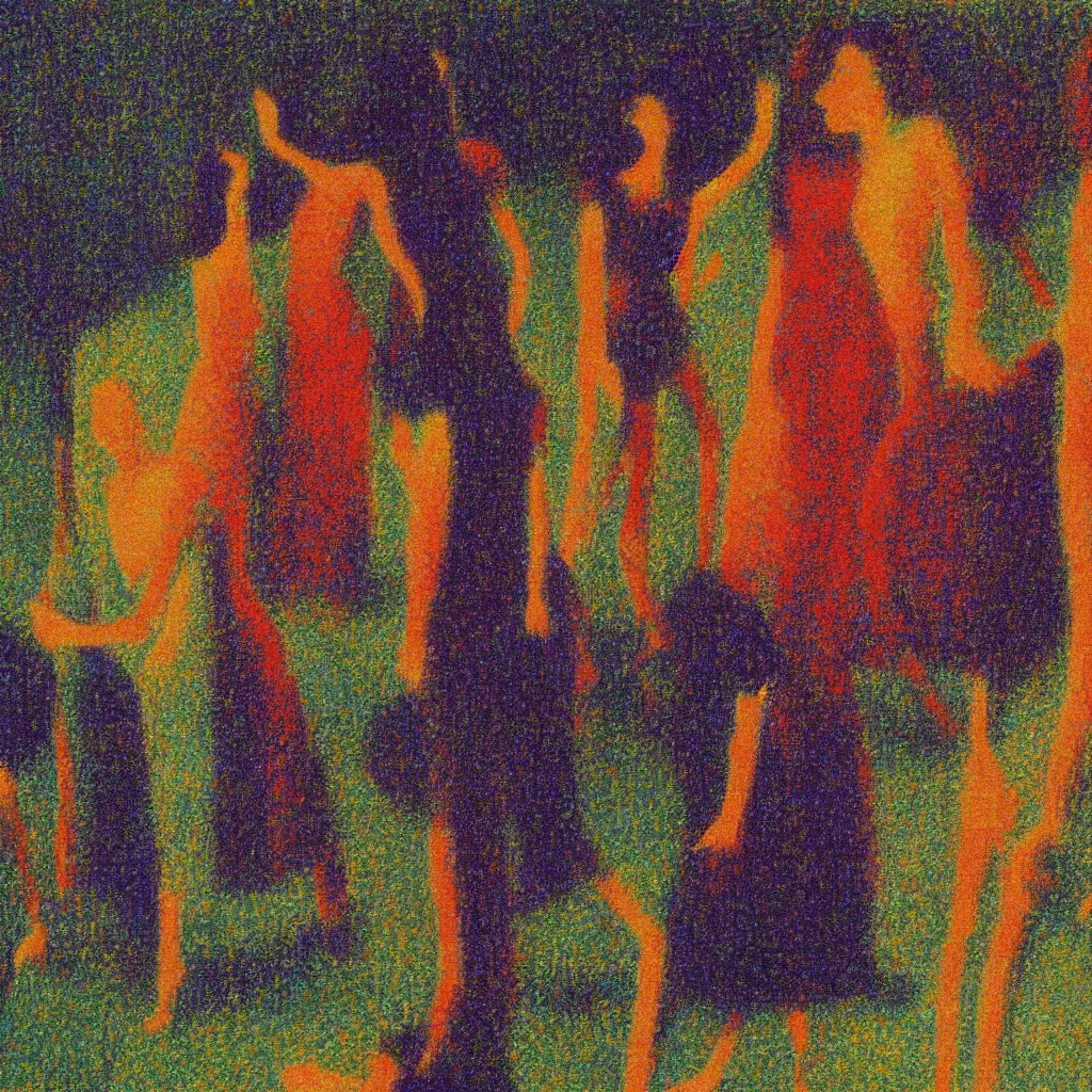 Image similar to a film still of suspiria by dario argento 1 9 7 7 movie, painted by georges seurat, impressionism, pointillism, high quality, detailed, print!