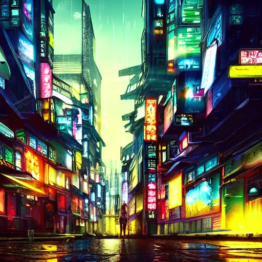 Prompt: “photrealistic 8k render of a cyberpunk anime city in the rain, Ufotable, Kyoto Animation, White Fox”