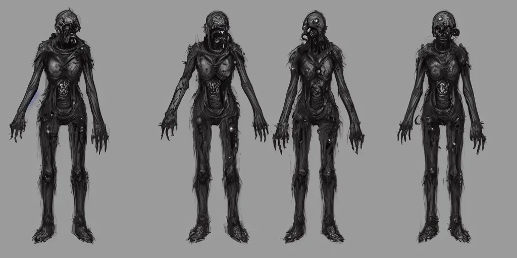 Prompt: sci - fi zombie character concept design ， character design sheet, trending on artstation