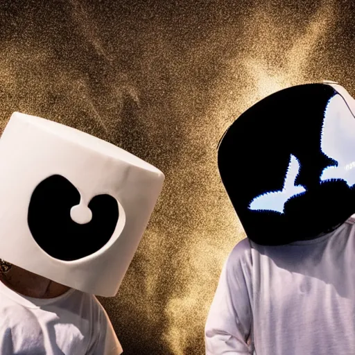 Image similar to deadmau5 fighting Marshmello, dramatic light