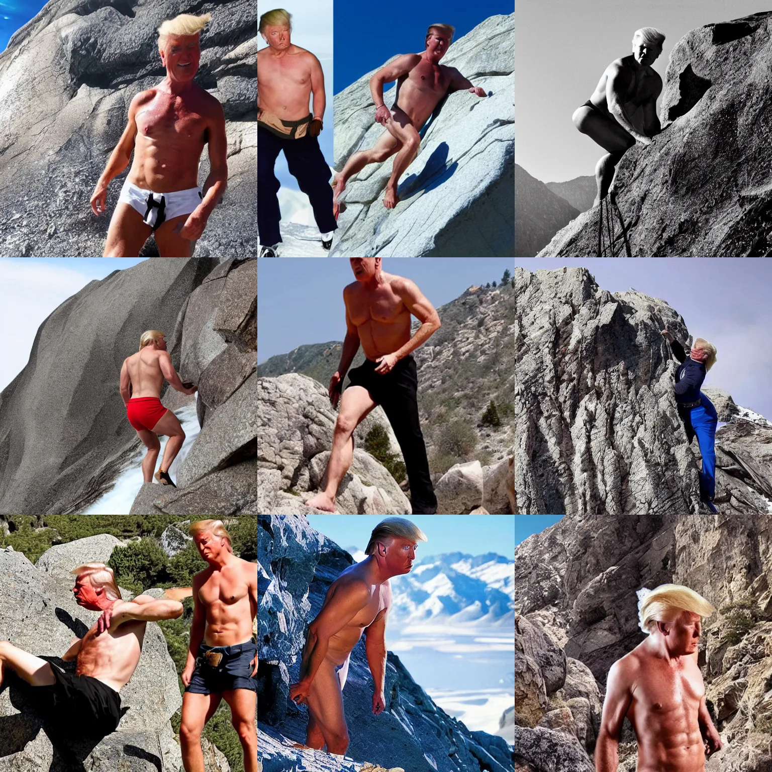 Prompt: shirtless donald trump mountainclimbing