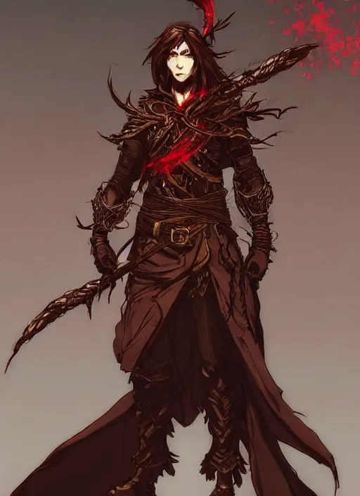 Image similar to Half body portrait of a handsome elf fire mage with long brown hair wearing ornate scarlet robe, scarred face. In style of Yoji Shinkawa and Hyung-tae Kim, trending on ArtStation, dark fantasy, great composition, concept art, highly detailed, dynamic pose.