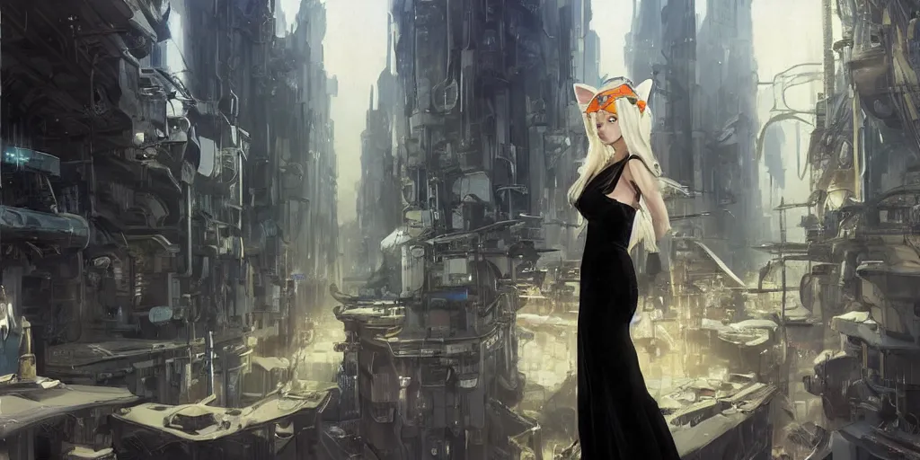 Prompt: beautiful concept art of lunar cyberpunk city showing a beautiful girl with long platinum blonde hair in the distance, two - side up and cat ears standing in a black gothic frilly dress in the distant, jodhpurs greg manchess painting by sargent and leyendecker, studio ghibli fantasy close - up shot asymmetrical intricate elegant matte painting illustration hearthstone, by greg rutkowski