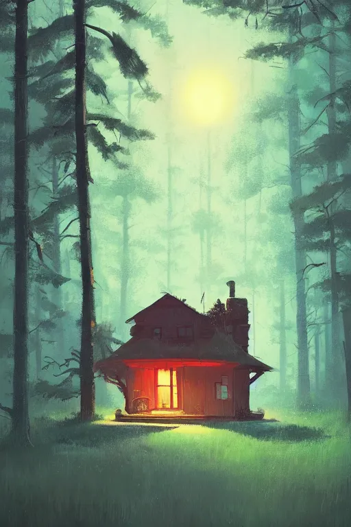 Prompt: the small house in the forest, at night, gibli, james gilleard, atey ghailan, exquisite lighting, clear focus, very coherent, plain background, very detailed, vibrant, dramatic painting
