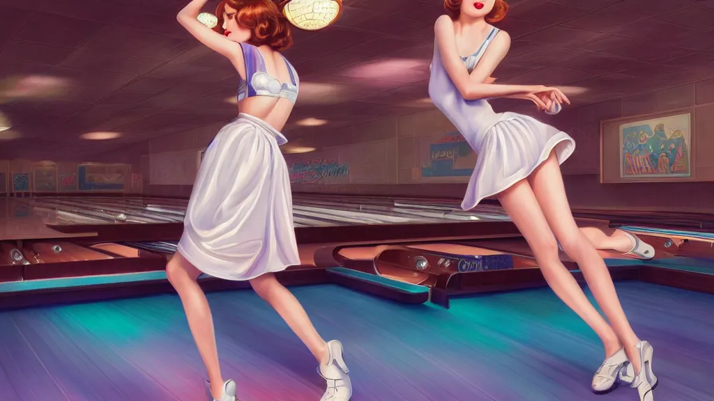 Image similar to art deco bowling alley, cute girl bowling, photo, ultra detail, photoreal, professionally retouched, soft moonlight lighting, shiny plastic miniskirt, realistic, smooth face, goddess, luscious lips, perfect eyes, wide angle, sharp focus on eyes, 8 k high definition, insanely detailed, intricate, elegant, art by artgerm and wlop