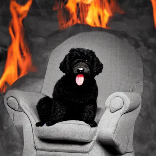 Prompt: a small black labradoodle sitting on a throne in hell. award - winning. 4 k.