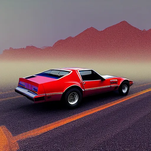 Image similar to hyperdetailed, photorealistic photograph of a 1 9 8 2 pontiac firebird trans - am driving in the desert, rain, night, dense fog, hd, unreal engine 5 by greg rutowski, by stanley artgerm, by alphonse mucha