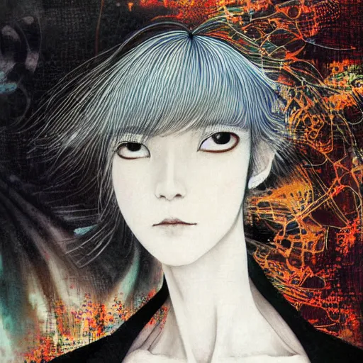 Image similar to yoshitaka amano blurred and dreamy realistic portrait of a woman with black eyes and white hair wearing dress suit with tie, junji ito abstract patterns in the background, satoshi kon anime, noisy film grain effect, highly detailed, renaissance oil painting, weird portrait angle, blurred lost edges, three quarter view