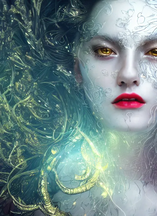 Image similar to glowing silver and golden elements, full close-up portrait, dark witch from shutterstock, book cover, green forest, white moon, red lips, establishing shot, extremly high detail, photo-realistic, cinematic lighting, pen and ink, intricate line drawings, by Yoshitaka Amano, Ruan Jia, Kentaro Miura, Artgerm, post processed, concept art, artstation, matte painting, style by eddie mendoza, raphael lacoste, alex ross