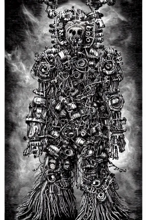 Image similar to wild monstorous anthropomorphic biomechanical bear shaman-warrior wearing chains made of tiny human skulls and other voodoo artifacts. Wearing dreadlocks made of cables and wires. Upgraded with hightech cyberwares. huge, big, giant bear human hybrid, mecha animal, tall, detailed woodcut armor, terrifying and dangerous, scary, beautiful, steampunk monster android hybrid art portrait, matte scifi fantasy painting, half robot half bear. Fullbody, Centered uncut. 50px margins on every side.. DeviantArt Artstation, by Jason Felix by Steve Argyle by Tyler Jacobson by Peter Mohrbacher, cinematic lighting