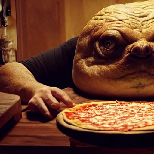 Prompt: A still of Jabba the Hutt making a pizza, 4k, photograph, ultra realistic, highly detailed, professional lighting