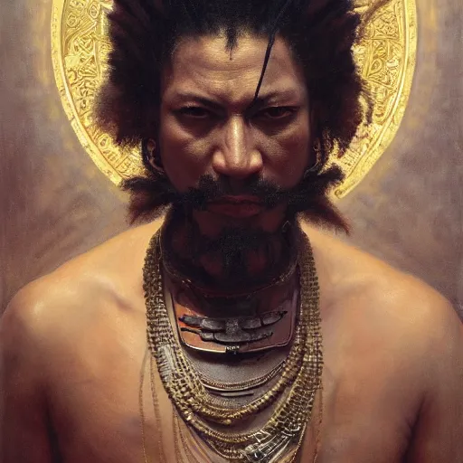 Image similar to highly detailed oil painting | very intricate | cinematic lighting | award - winning | the voodoo samurai in full armor | by roberto ferri, by tom bagshaw, by j. c. leyendecker and klimt, beautiful cinematic light, american romanticism, by austin osman spare, artstation, cgsociety, official art, octane