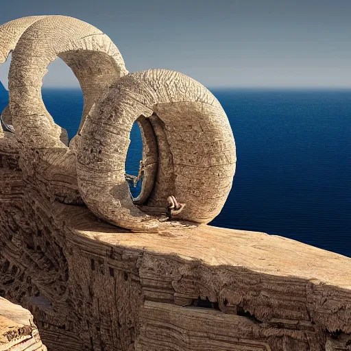Prompt: a gigantic paleolothic torus made of stone with highly detailed carvings of intricate shamanic robotic electronics and circuitry, in a mediterranean lanscape, inside a valley overlooking the sea, in the style of michal karcz, mediterranean island scenery, mediterranean vista