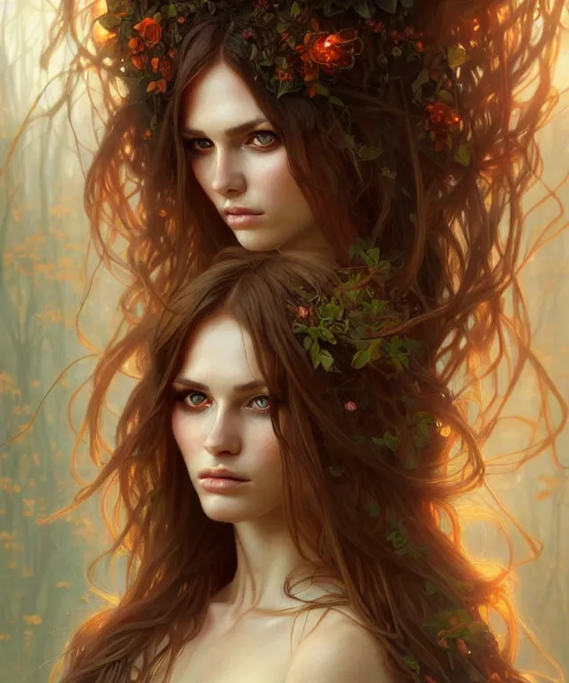 Image similar to Forest nymph woman portrait, amber eyes, face, long hair, fantasy, intricate, elegant, highly detailed, digital painting, artstation, concept art, smooth, sharp focus, illustration, art by artgerm and greg rutkowski and alphonse mucha