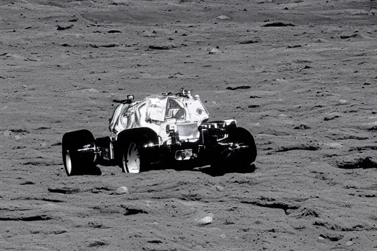 Image similar to vintage photo of a porsche 911 rover on the moon being driven by an astronaut. wide shot. apollo moon landing