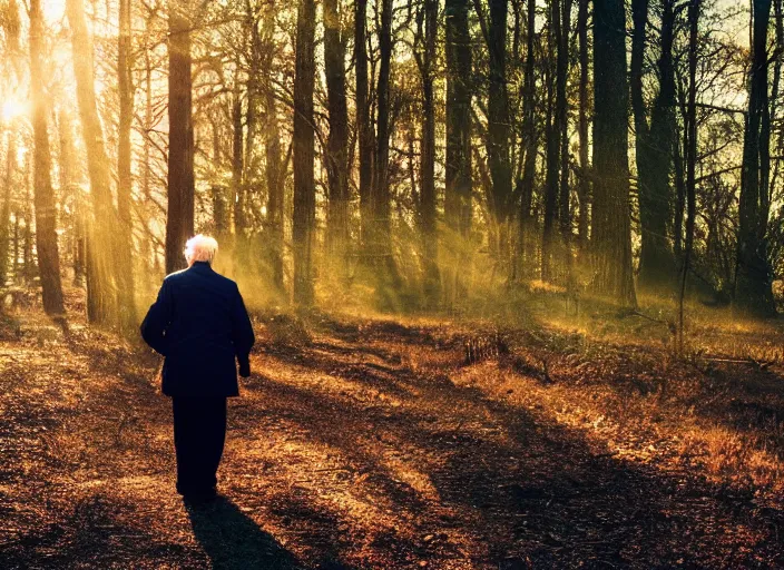 Image similar to a 3 5 mm photo from the back of a senior citizen walking in the woods, splash art, movie still, bokeh, canon 5 0 mm, cinematic lighting, dramatic, film, photography, golden hour, depth of field, award - winning, anamorphic lens flare, 8 k, hyper detailed, 3 5 mm film grain