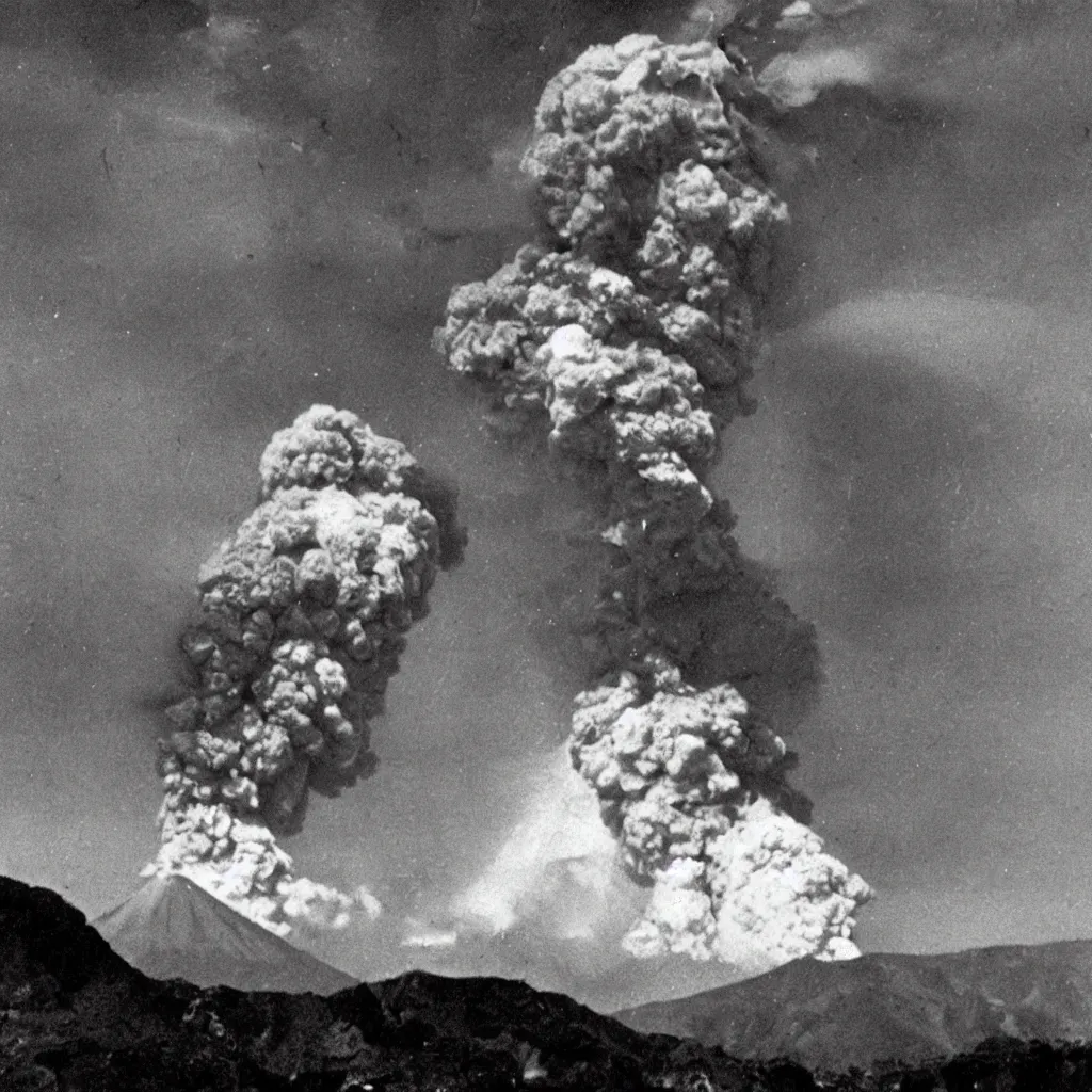 Prompt: a real photo of the eruption of mount vesuvius in 7 9 ad as seen by the villagers who are running away