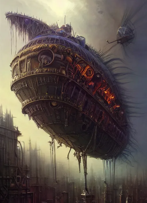 Image similar to hyper detailed ultra sharp of a gothpunk steampunk overcrowded city airship. trending on artstation, warpaint aesthetic, earthwave, colorful, psychedelic, ornate, intricate, digital painting, concept art, smooth, sharp focus, illustration, art by artgerm and greg rutkowski and h. r. giger, 8 k