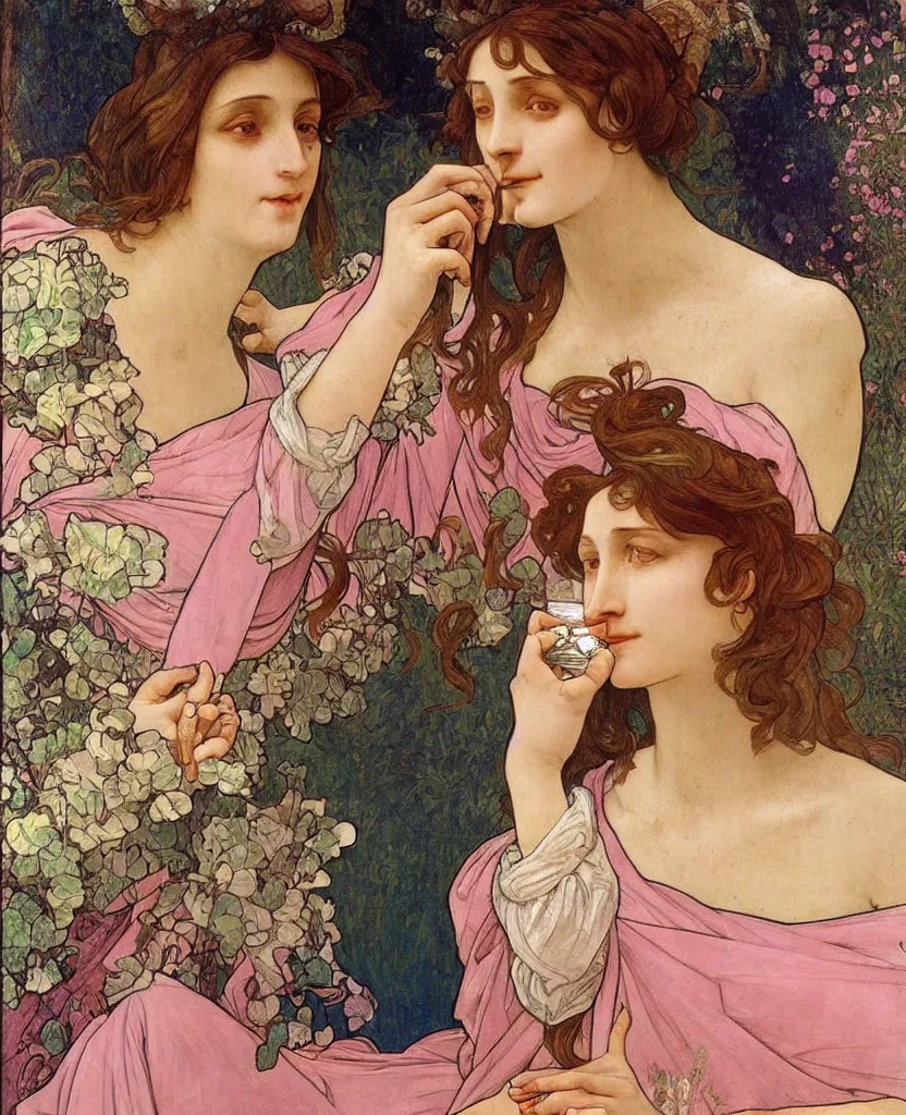 Image similar to a beautiful arrogant surreal greek lady drinking tea looking disdained, rennaisance painting, whimsical, pastel pink color palette, by leonardo da vinci and alphonse mucha