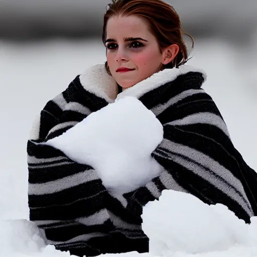 Image similar to emma watson laying in snowdrift, clutching blanky