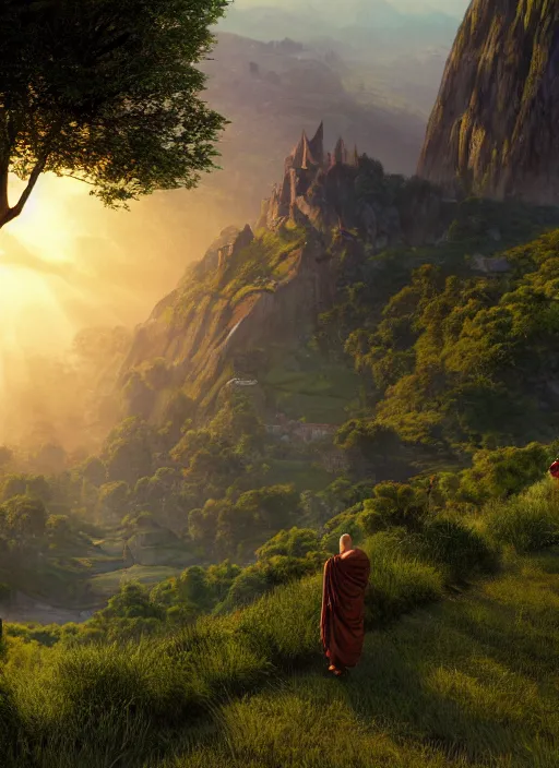 Image similar to a monk in lord of the rings scenery landscape, looking out at a vast lush valley at sunrise with a temple on a mountain in the distance, god's rays, highly detailed, vivid color, cinematic lighting, perfect composition, 8 k, gustave dore, derek zabrocki, greg rutkowski, belsinski, octane render