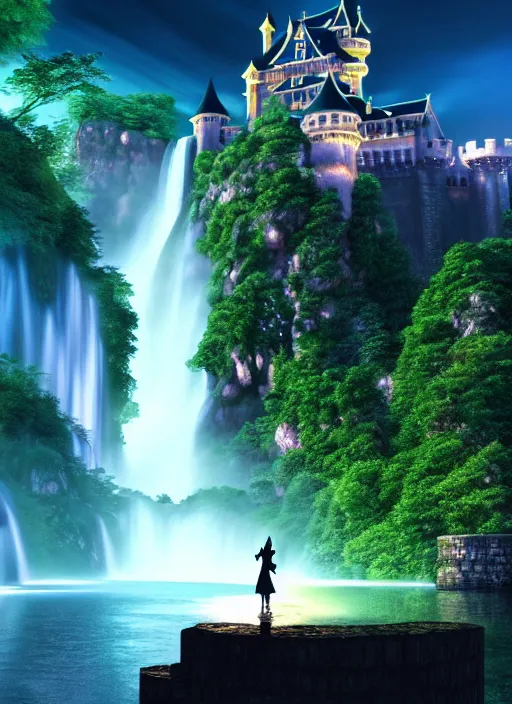 Prompt: magical castle, waterfall, river, nighttime, scenery wallpaper aesthetic, anime style, first person view, beautiful, cinematic, dramatic, super detailed and intricate, hyper realistic, 4 k render, by kentaro miura, by koson ohara, by darwyn cooke