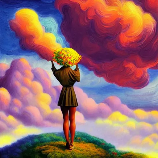 Prompt: giant flower head, frontal, woman standing on mountain, surreal photography, stormy sky, colorful clouds, impressionist painting, digital painting, artstation, rob gonsalves