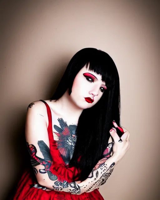 Prompt: cute female with intricate tattoos, crimson - black hair, wearing cute crimson - black bee - themed dress, cinematic lighting, beautiful composition