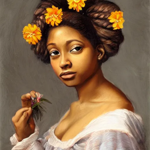 Image similar to beautiful brown skinned woman, with pigtails, holding flowers, hyper realism, muted colours, rococo, portrait