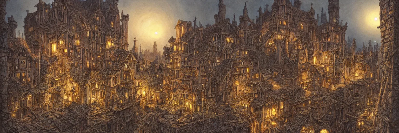 Prompt: an ancient medieval cityscape with stone age architecture at night by rodney matthews, michael whelan and michael kaluta, extremely hyperdetailed, intricate, ornate