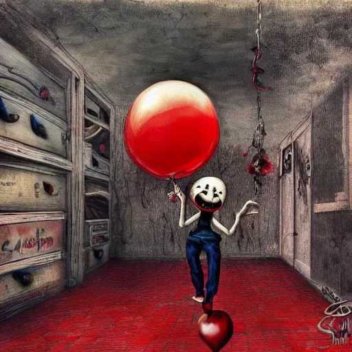 Image similar to grunge painting of underneath your bed with a wide smile and a red balloon by chris leib, loony toons style, pennywise style, corpse bride style, horror theme, detailed, elegant, intricate, conceptual, volumetric light