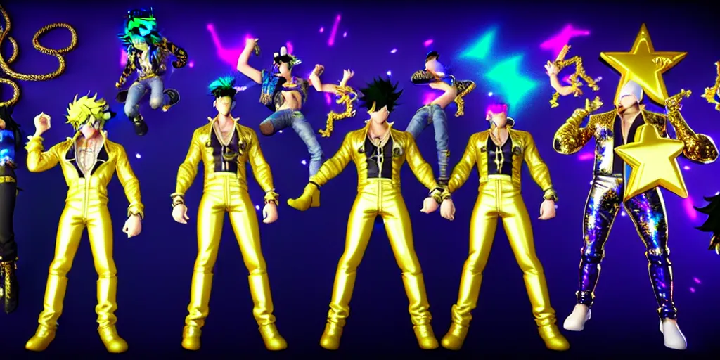 Image similar to jojo's bizarre adventure : golden wind, unreal engine 5, render, ray tracing background full of spray painted, jester plushies, crosses, and shinning stars, holography, irridescent