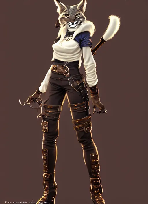 Image similar to wide angle beautiful full body portrait of a strong female anthropomorphic anthro lynx fursona wearing a steampunk leather pants. from behind, character design by disney, anime, manga, charlie bowater, ross tran, artgerm, and makoto shinkai, detailed, soft lighting, rendered in octane, white fur