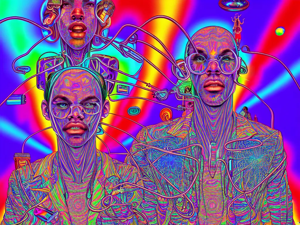 Image similar to house party, epic angle, happy, psychedelic, hip hop, surreal, neon, vaporwave, detailed, illustrated by Alex Grey, 4k