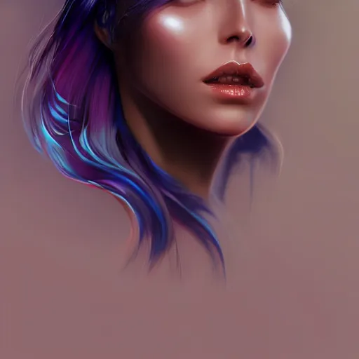 Prompt: half - electric woman, cute - fine - face, pretty face, oil slick hair, realistic shaded perfect face, extremely fine details, realistic shaded lighting, character design by kan liu