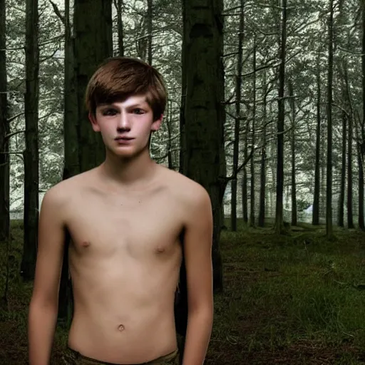 Prompt: a teenage boy, around 1 9 yo. looking sad. shirtless, pale skin. muddy face carrying a wooden bucket. ominous and eerie looking forest i'm background.