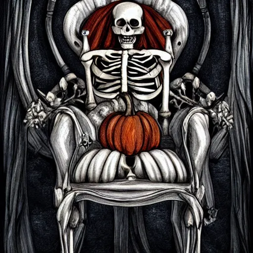 Image similar to a skeleton in a crown sitting on a chair surrounded by pumpkins, a storybook illustration by anne stokes, featured on deviantart, gothic art, behance hd, creepypasta, 2 d game art