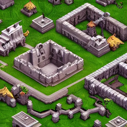 Image similar to isometric DND fantasy forest, war fort, 3d render, fantasy city, surrounded by white