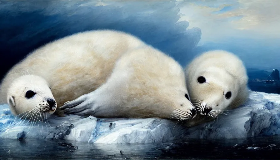 Image similar to highly detailed painting of cute furry white baby seal deer with big furry antlers cuddling into each other on a blue and white iceberg by william turner, by greg rutkowski, by william constable, thick brush strokes and visible paint layers, 4 k resolution