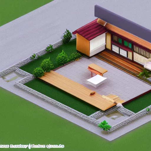 Prompt: isometric Japanese home with garden, aerial view, blender render, 3D model