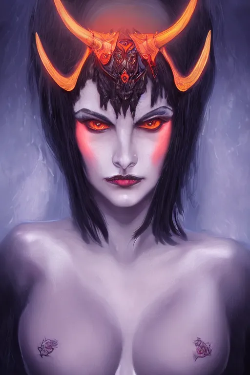 Prompt: portrait of female succubus with black hair and glowing amber eyes and horns, dnd, fantasy, intricate, elegant, highly detailed, digital painting, artstation, concept art, smooth, sharp focus, illustration, art by narcisse navarre